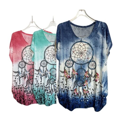 SHORT SLEEVE DREAM CATCHER TUNIC. FUCHSIA, MINT, BLUE. SOLD IN SETS OF 3 ONLY. ARRIVES FEBRUARY 2025