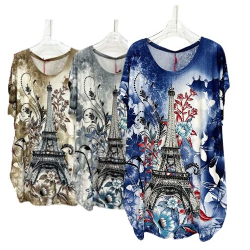 SHORT SLEEVE EIFFEL TOWER & FLOWERS TUNIC. BEIGE, BLACK, BLUE. SOLD IN SETS OF 3 ONLY. ARRIVES FEBRUARY 2025