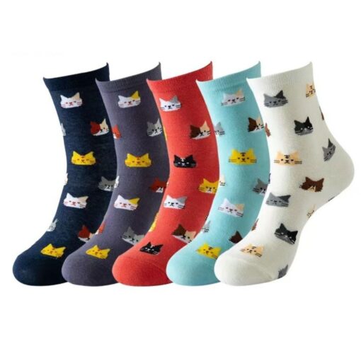 CAT PRINT SOCKS. NAVY, GREY, RED, BLUE, IVORY. SOLD IN SETS OF 5 ONLY.