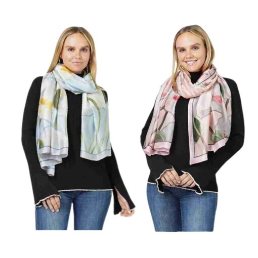 LIGHTWEIGHT SILKY FLORAL SCARF. LT. BLUE, PINK. SOLD IN SETS OF 2 ONLY.