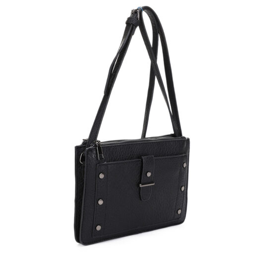 BLACK CROSSBODY WITH STUD ACCENTS. 9.5X6.5X1.3. SEE 29023 FOR TAUPE