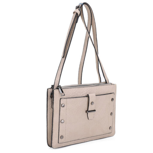 TAUPE CROSSBODY WITH STUD ACCENTS. 9.5X6.5X1.3. SEE 29022 FOR BLACK