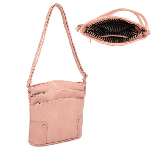 PINK TRIPLE ZIP CROSSBODY. 9.5X9.75X3. SEE 29050 & 29051 FOR MORE COLORS