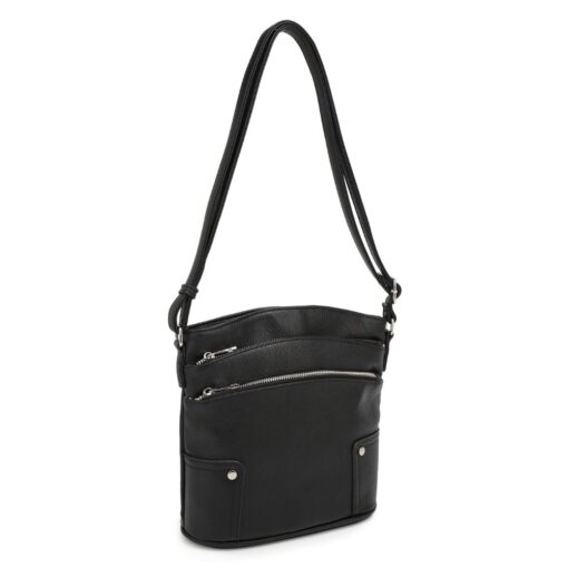 BLACK TRIPLE ZIP CROSSBODY. 9.5X9.75X3. SEE 29049 & 29051 FOR MORE COLORS