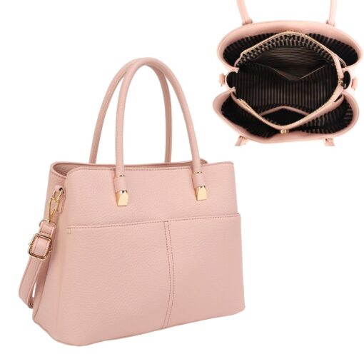 PINK STRUCTURED SATCHEL WITH TOP HANDLE & CROSSBODY STRAP. 12.25X9.4X5.5. SEE 29055 FOR BLACK