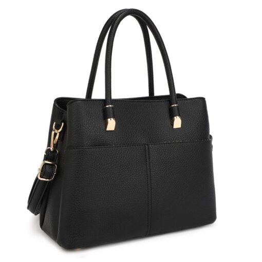 BLACK STRUCTURED SATCHEL WITH TOP HANDLE & CROSSBODY STRAP. 12.25X9.4X5.5. SEE 29054 FOR BLACK