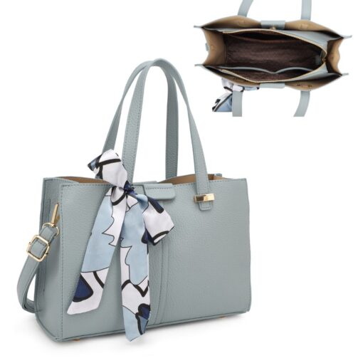 BLUE/GREY TOTE WITH SCARF ACCENT AND DETACHABLE CROSSBODY STRAP. 12X8X4.5. SEE 29057 FOR WHITE