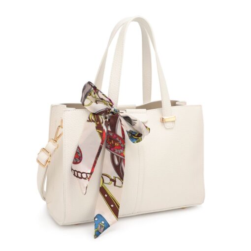 WHITE TOTE WITH SCARF ACCENT AND DETACHABLE CROSSBODY STRAP. 12X8X4.5. SEE 29056 FOR BLUE/GREY