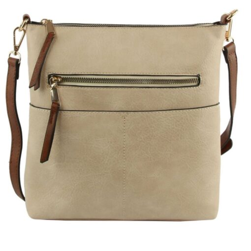 BEIGE CROSSBODY WITH BROWN STRAPS. 11.5X10.5X2.5. SEE 29059, 29060, 19644, 19643 FOR MORE COLORS.