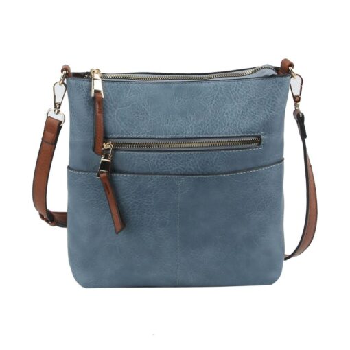 BLUE CROSSBODY WITH BROWN STRAPS. 11.5X10.5X2.5. SEE 29058, 29059, 19644, 19643 FOR MORE COLORS.