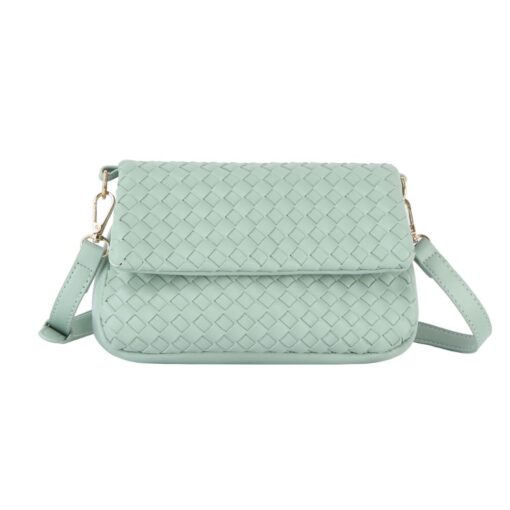 MINT WOVEN FRONT FLAP CROSSBODY. 9.75X6.5X3. SEE 29067 & 29069 FOR MORE COLORS