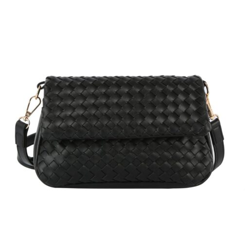 BLACK WOVEN FRONT FLAP CROSSBODY. 9.75X6.5X3. SEE 29067 & 29068 FOR MORE COLORS