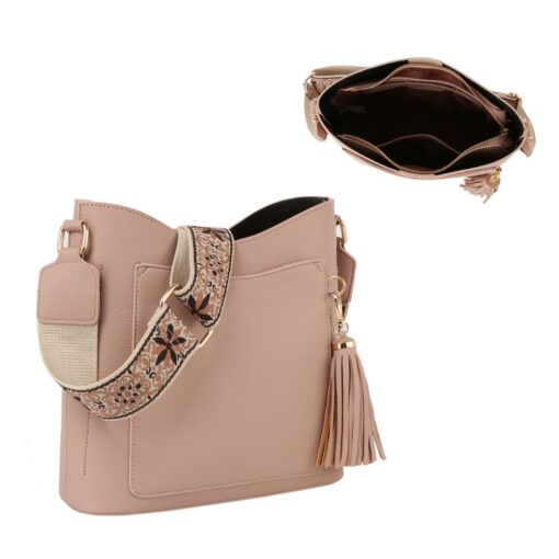 MAUVE GUITAR STRAP FRONT POCKET CROSSBODY. 11.25X10.5X3.5. SEE 29070 & 29072 FOR MORE COLORS