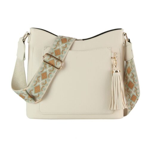 CREAM GUITAR STRAP FRONT POCKET CROSSBODY. 11.25X10.5X3.5. SEE 29070 & 29071 FOR MORE COLORS