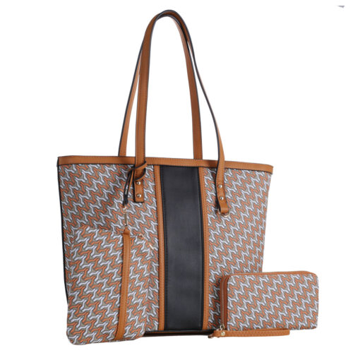 BROWN/BLACK MONOGRAMMED 3-IN-1 TOTE WITH BAG & CLUTCH. SEE 29030 FOR BLACK VERSION