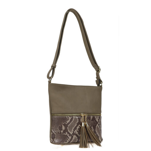 GREY PYTHON PRINT TASSEL CROSSBODY BAG. 9X9.5X3. SEE 29031 FOR BROWN