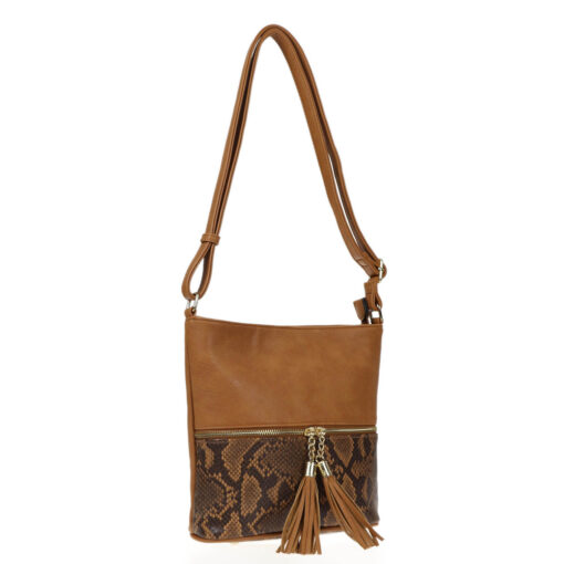 BROWN PYTHON PRINT TASSEL CROSSBODY BAG. 9X9.5X3. SEE 29032 FOR GREY