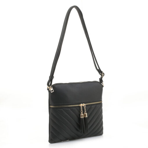 BLACK CHEVRON QUILTED CROSSBODY BAG. 9.5X9X0.5. SEE 29045 & 29046 FOR MORE COLORS