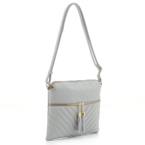 GREY CHEVRON QUILTED CROSSBODY BAG. 9.5X9X0.5. SEE 29044 & 29046 FOR MORE COLORS