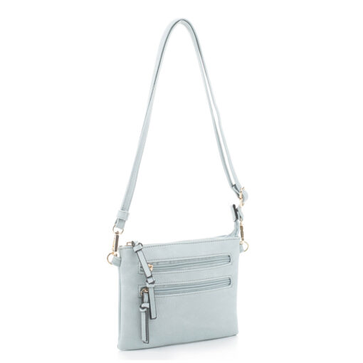 LT. BLUE SMALL MULTI-ZIP CROSSBODY. 8X6X.5. SEE 29047 FOR BLUSH