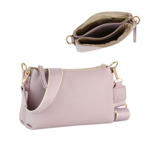 LAVENDER DOUBLE ZIP CROSSBODY. 8.5X5.5X2.5. SEE 29074 FOR BLACK