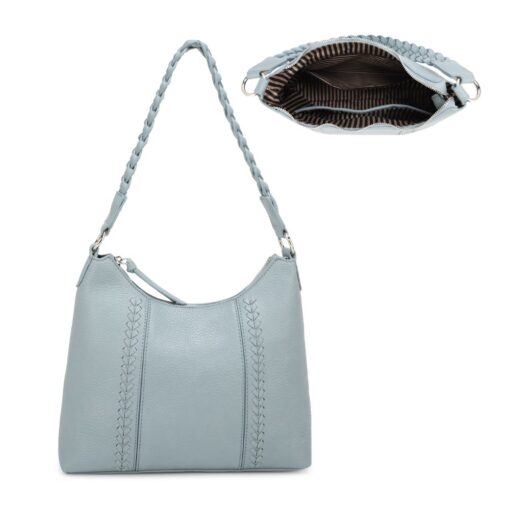 BLUE/GREY BRAIDED STRAP HOBO WITH WHIPSTITCHING. 11.75X9.5X4. SEE 29076 FOR IVORY.