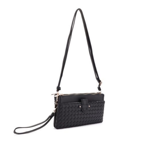 BLACK WOVEN TEXTURE CROSSBODY/CLUTCH. 8.75X5X.5. SEE 29077 & 29079 FOR MORE COLORS