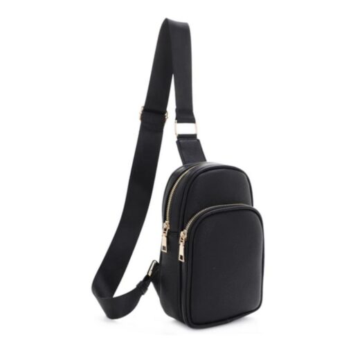 BLACK DOUBLE POCKET SLING BAG. 6X9.3X2.5. SEE 29084 FOR GREY