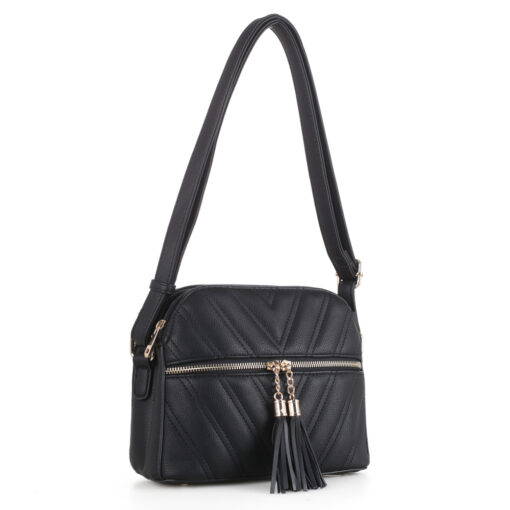 BLACK CHEVRON QUILTED CROSSBODY WITH TASSEL ACCENTS. 9.25X7.5X3.75. SEE 29039 & 29041 FOR MORE COLORS