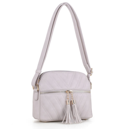 LT. GREY CHEVRON QUILTED CROSSBODY WITH TASSEL ACCENTS. 9.25X7.5X3.75. SEE 29038 & 29039 FOR MORE COLORS