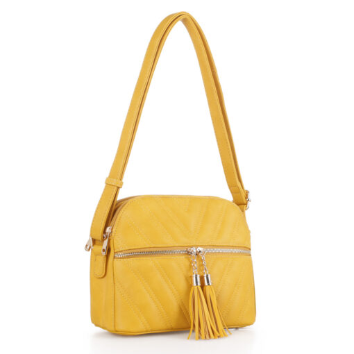 MUSTARD CHEVRON QUILTED CROSSBODY WITH TASSEL ACCENTS. 9.25X7.5X3.75. SEE 29038 & 29041 FOR MORE COLORS