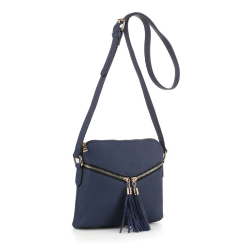 NAVY BLUE ZIPPER TASSEL ACCENT CROSSBODY. 9.5X8X3. SEE 29037 FOR LT. TAN