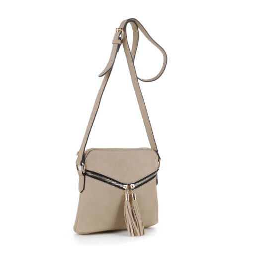 LIGHT TAN ZIPPER TASSEL ACCENT CROSSBODY. 9.5X8X3. SEE 29040 FOR NAVY