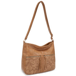 CAMEL FLORAL TOOLED CROSSBODY BAG. 12X10.25X4.25. SEE 29100 & 29101 FOR MORE COLORS