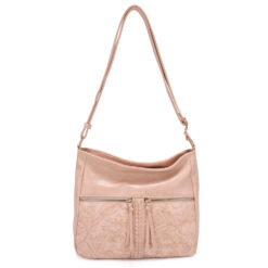 PINK FLORAL TOOLED CROSSBODY BAG. 12X10.25X4.25. SEE 29099 & 29100 FOR MORE COLORS