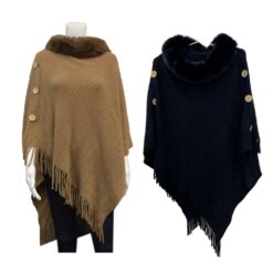 PONCHO W/FUR & BUTTONS. BEIGE, BLACK. SOLD IN SETS OF 2