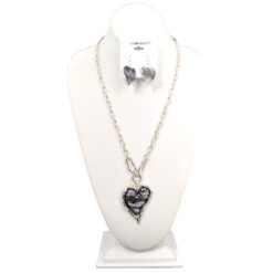 LONG SILVER/GREY MARBLED HEART PENDANT NECKLACE SET