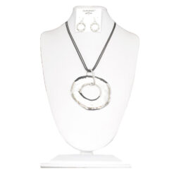 LONG HAMMERED SILVER PENDANT ON CORD NECKLACE SET