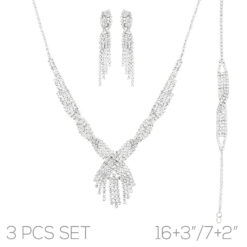 3 PC SILVER RHINESTONE TWIST NECKLACE, EARRING, AND BRACELET SET