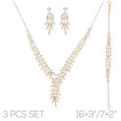 3 PC GOLD RHINESTONE LEAF NECKLACE, EARRING, & BRACELET SET