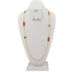 LONG GOLD/RED CHAIN & STONE NECKLACE SET