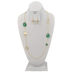 LONG GOLD & DARK GREEN STONE STATION NECKLACE SET