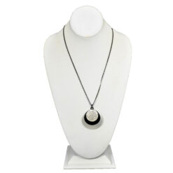 LONG SILVER/BLACK DISC WITH CRYSTALS NECKLACE