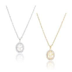 OVAL CRYSTAL CROSS CUT-OUT PENDANT NECKLACE. SILVER, GOLD. SOLD IN SETS OF 2 ONLY
