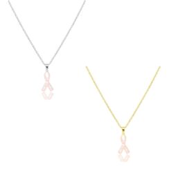 IMITATION OPAL PINK RIBBON PENDANT NECKLACE. SILVER, GOLD. SOLD IN SETS OF 2 ONLY