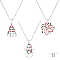 RHINESTONE CHRISTMAS PENDANT NECKLACE. TREE, SNOWMAN, POINSETTIA. SOLD IN SETS OF 3 ONLY