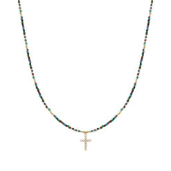 DAINTY DARK MULTI COLOR BEADED CRYSTAL CROSS NECKLACE