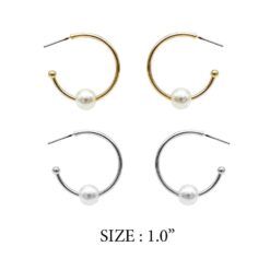 1 INCH SINGLE PEARL HOOP PIERCED EARRINGS. GOLD, SILVER. SOLD IN SETS OF 2 ONLY