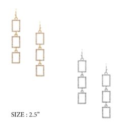 RECTANGLE CRYSTAL DANGLE PIERCED EARRINGS. GOLD, SILVER. SOLD IN SETS OF 2 ONLY.