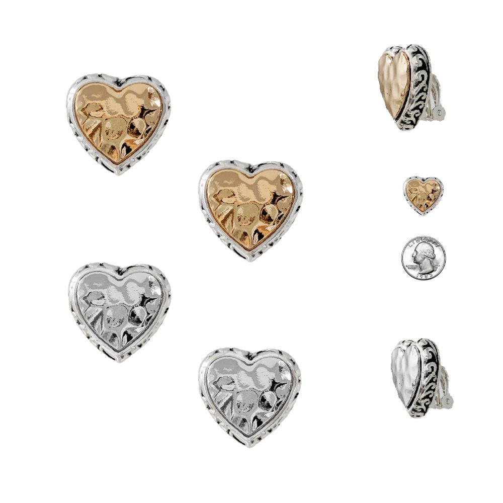 HAMMERED METAL HEART CLIP EARRINGS. TWO TONE, SILVER. SOLD IN SETS OF 2 ONLY